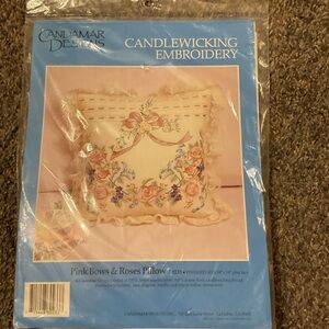 Candamar Designs Candlewicking Embroidery Pink Bows & Roses Pillow